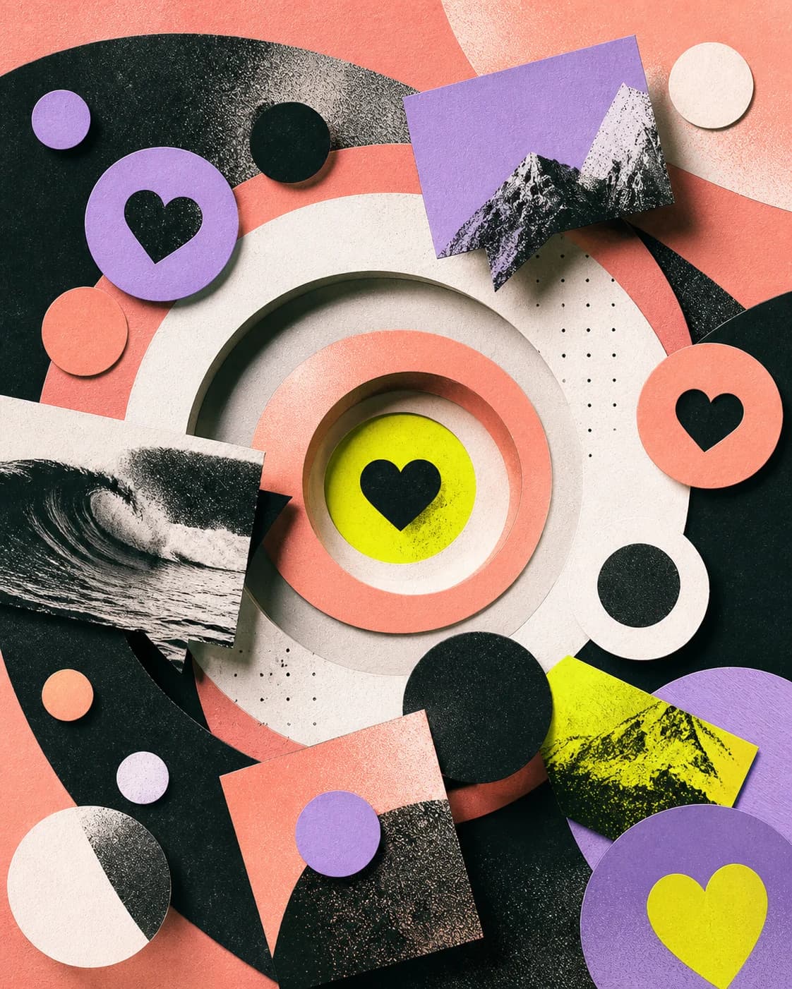 Editorial collage showing content orbiting a bright center of attention