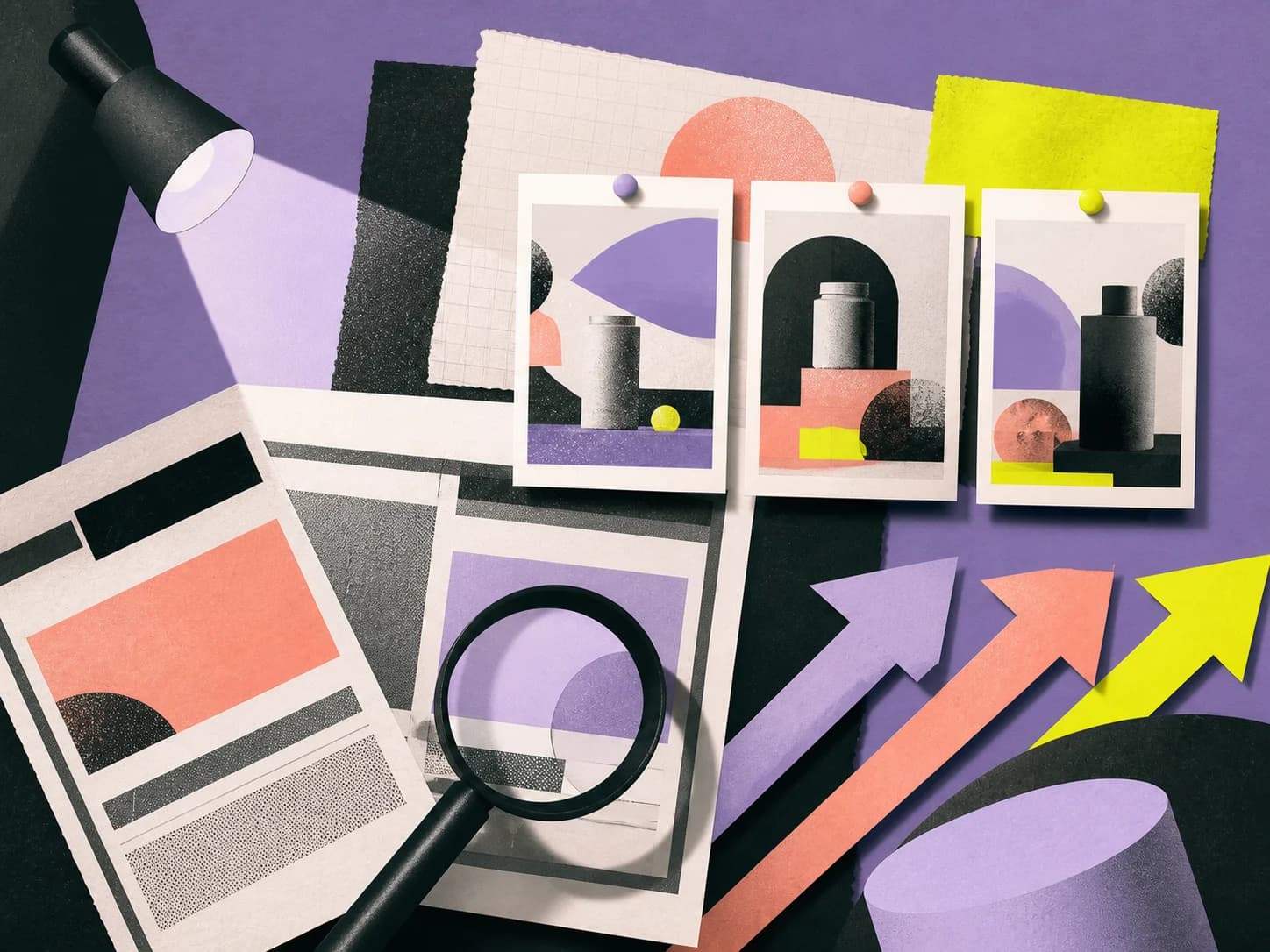 Editorial collage of advertising concepts under a spotlight