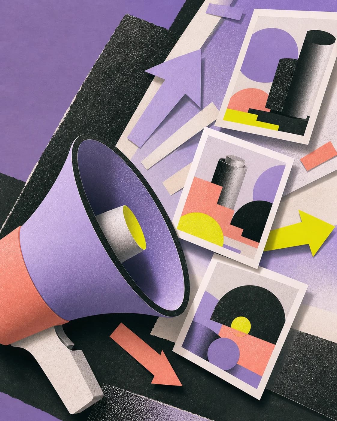 Editorial collage of a megaphone projecting advertising concepts