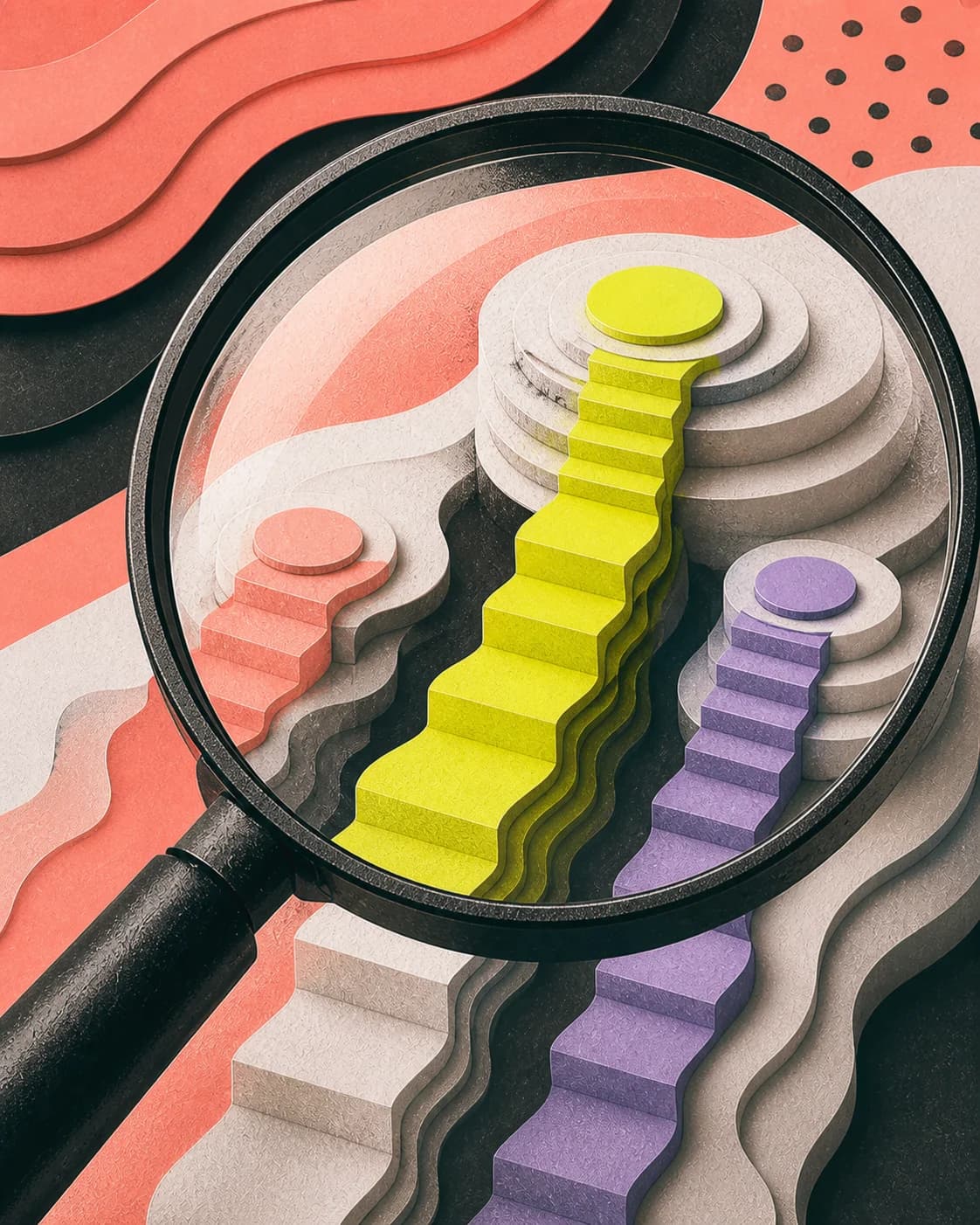 Editorial collage of layered search paths rising through a magnifying glass