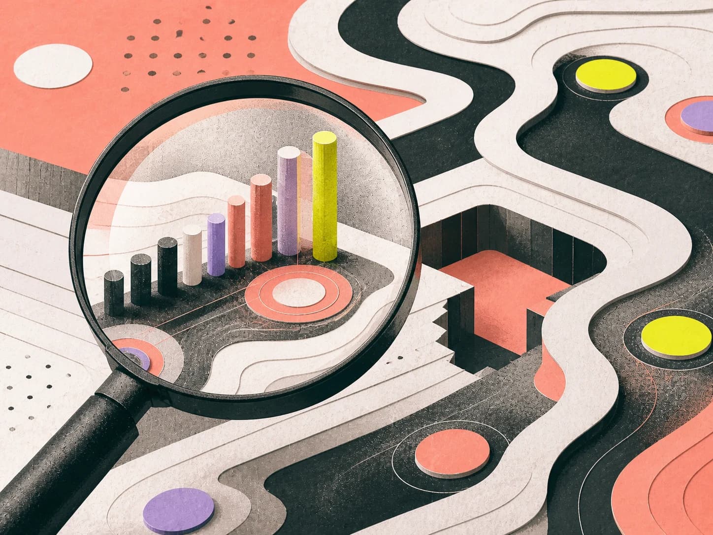 Editorial collage of a magnifying glass revealing rising search opportunities