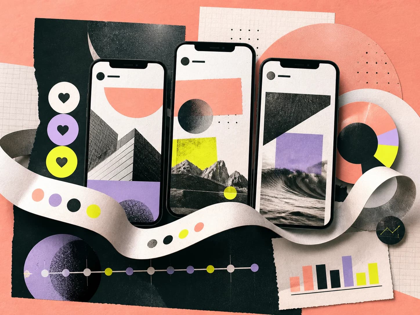 Editorial collage of content frames and engagement patterns